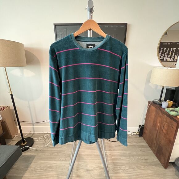 Stussy - Striped Velour LS Tee (#1140071) - Teal, Pink - Picture 1 of 6